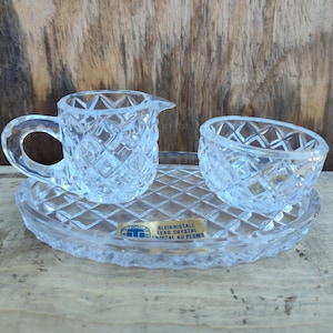 3pc Vintage Bleikristall 24% Lead Crystal Sugar Bowl with Creamer and Tray Germany Diamond Pattern
