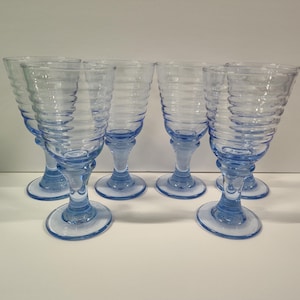 Set Vintage Libbey 90s Sirrus Spanish Green or Blue Glass Water Goblets Ribbed