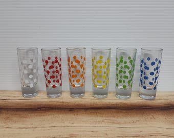 6pc Set of Vintage Crisa Rainbow Polka Dot Tequila Shot Glasses