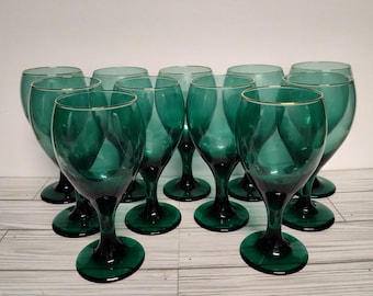 Set of Vintage Libbey Glass Company Teardrop Juniper Green Water Wine Goblets with Gold Trim