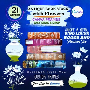 Antiker Bücherstapel Canva Rahmen, Vintage Blumen Kunst mit Vase Png, Machen Sie Ihre eigenen Bücher Stapel Design, ziehen Sie Tropfen Vorlage, digitaler Download