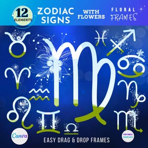 Sterrenbeelden met bloemen canvas frames, florale astrologie kunst, dierenriem symbolen frame, drag drop sjabloon png, digitale download, commercieel gebruik
