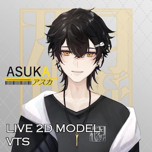 Puede incluir: Una ilustración digital de una persona joven con cabello negro, vistiendo una camisa negra con un collar de cadena dorada, una chaqueta blanca y un pendiente en forma de calavera. El texto "ASUKA アスカ LIVE 2D MODEL VTS" es visible en la imagen.