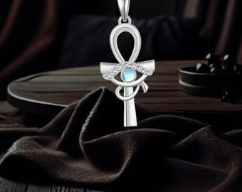 Moonstone Ankh Cross Evil Eye Necklace 925 Sterling Silver Egyptian Symbolic Jewelry For Women