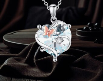 Butterfly Heart Necklace 925 Sterling Silver Cute Butterfly Crystal Heart I Love You Pendant Necklace For Women