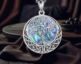 Collar con nudo celta y árbol de la vida en plata de ley 925 con colgante de concha de abulón irlandesa y nudo celta