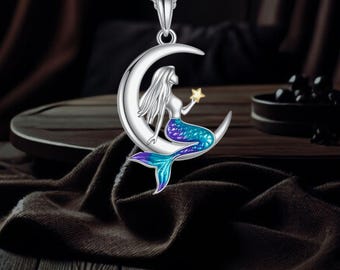 Moon Mermaid Necklace 925 Sterling Silver Moon Mermaid Jewelry For Women Girls