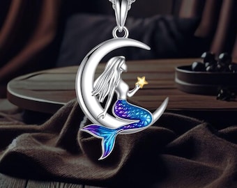 Mermaid Necklace 925 Sterling Silver Moon Pendant Necklace Jewelry For Women