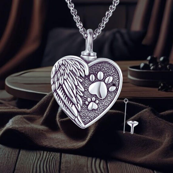 Paw Print Angel Wing Urn Necklace for Ashes 925 Sterling Silver