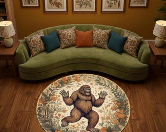 Smiling Bigfoot Round Rug, Sasquatch Carpet, Big Foot Decor, Funny Decor, Funny Art Rug, Round Rug, Washable And Non Slip Custom Rug