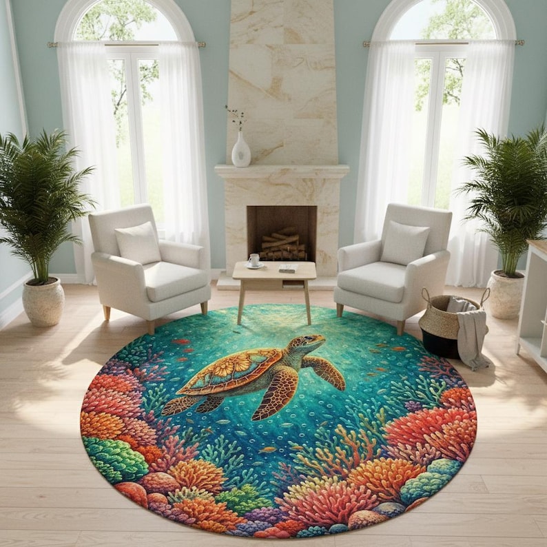 Round Rug Turle Sea Turtle Round Rug, Ocean Coral Reef Area Rug, Underwater Marine ...