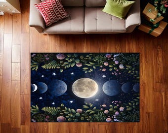 Moonlit Garden Rug, Moon Phase Carpet, Lunar Eclipse Decor, Leaves Floral Rug, Bohemian Luna Rug, Boho Moon Phases Mat