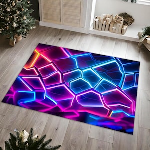 Alfombra luminosa de colores, decoración gamer, alfombra de juegos, alfombra de aspecto neón, alfombra de deportes electrónicos, alfombra lavable y vibrante para el suelo.