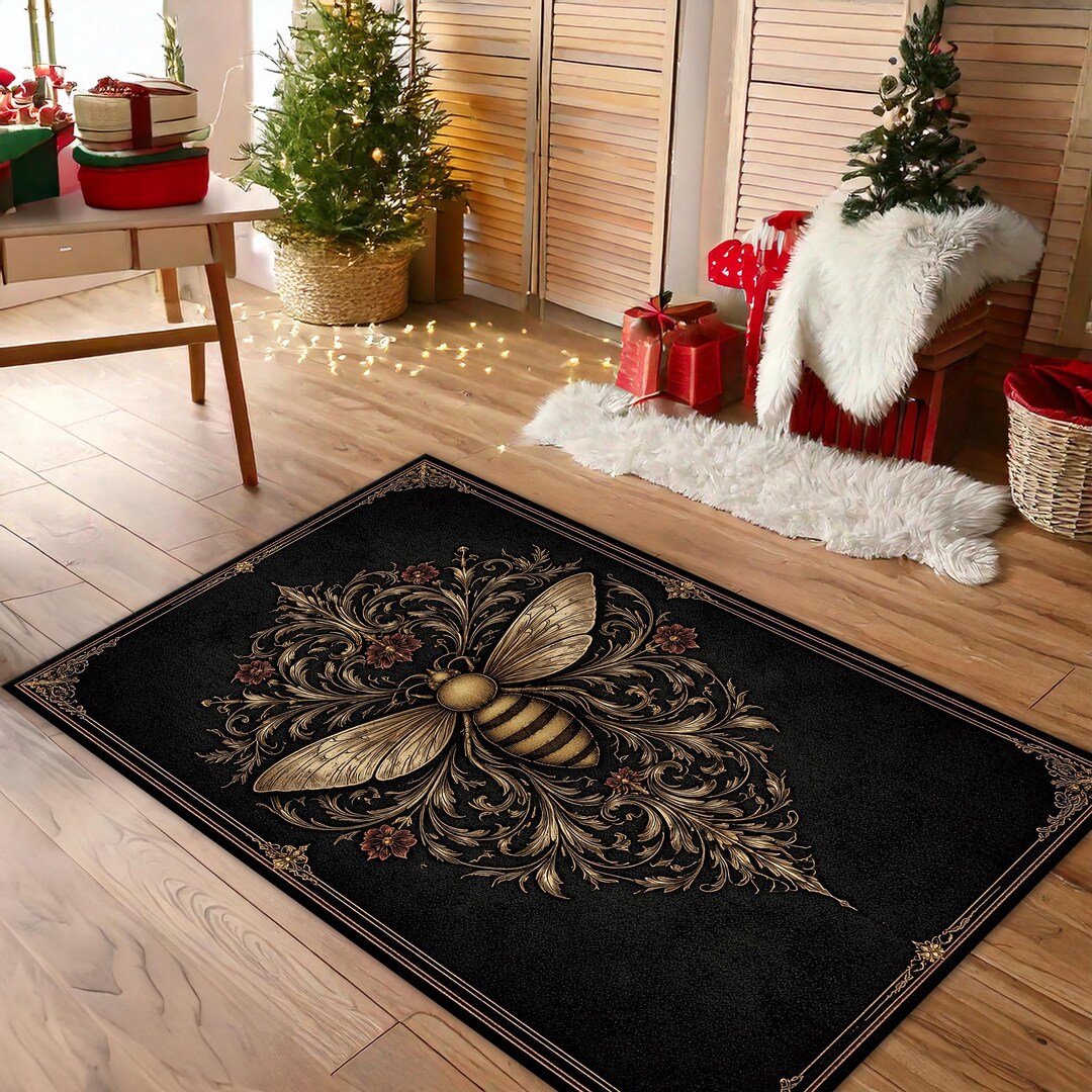 Bee Rug, Baroque Floral Carpet, Vintage Queen Bee Rug, Black Gold ...
