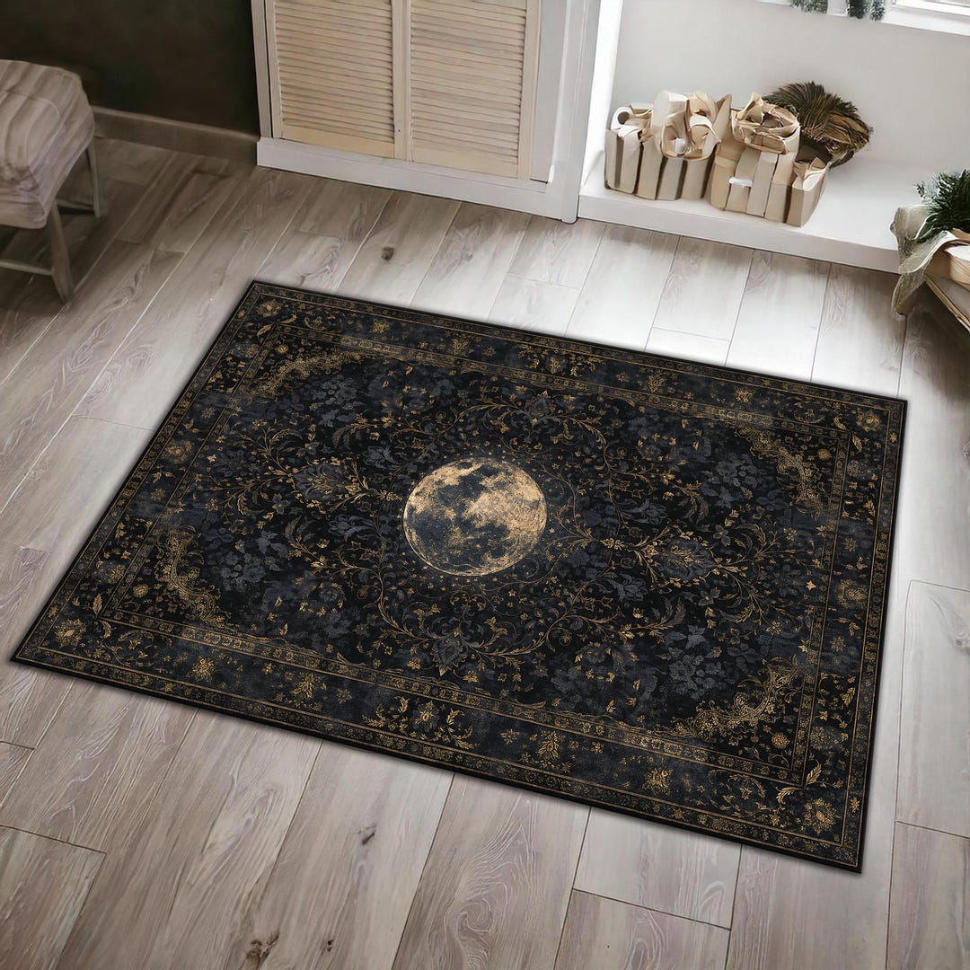 Moon Knight Rug Dark Moon Rug, Vintage Gothic Carpet, Black Gold Celestial Rug, Antique ...