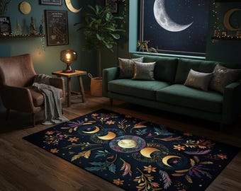 Moonlit Garden Rug, Moon Phase Carpet, Lunar Eclipse Decor, Leaves Floral Rug, Bohemian Luna Rug, Boho Moon Phases Mat