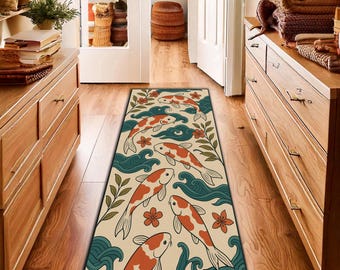 Japanese Koi Fish Runner Rug with Waves and Flowers – Oriental Style Hallway Carpet, Artistic Water Garden Home Decor