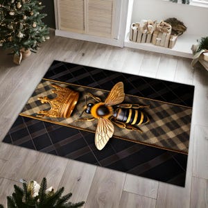 Alfombra de abejas, diseño de panal de abejas en negro y dorado, diseño de corona, alfombra de abejas de lujo