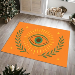 Boho Evil  Eye Rug – Mystical Orange Carpet with All-Seeing Eye and Leaf Motif, Spiritual Room Decor Accent for Bohemian or Eclectic Homes