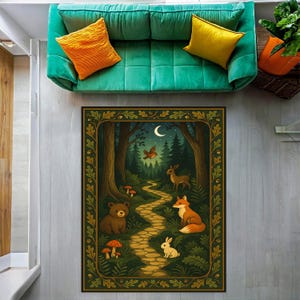 Woodland Animal Forest Rug – Cute Fox Bear Bunny Carpet, Kids Room Nature Decor, Whimsical Animal Path Mat, Cozy Forest Playroom Rug