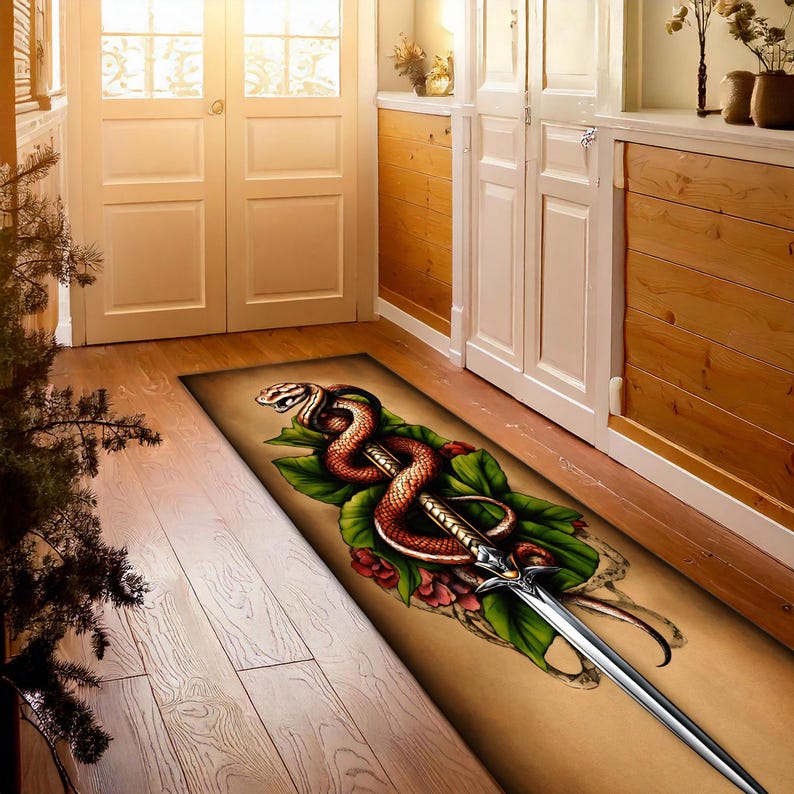 Snake Coiled Blade Runner Rug, Tattoo Design Runner Rug, Goth Room ...