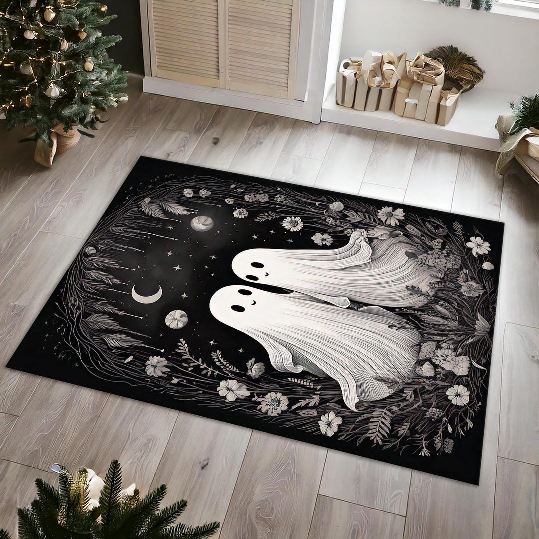 Cute Ghost Art Rug, Whimsical Halloween Decor, Vintage Floral Ghost Rug ...