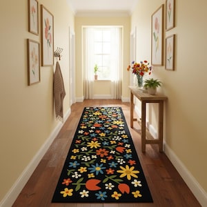 Alfombra de cocina retro con diseño floral: colorida, antideslizante y lavable, ideal para cocina, pasillo o entrada, con un llamativo diseño floral en negro.