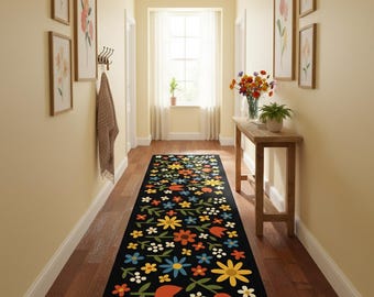 Retro Floral Kitchen Runner Rug – Colorful Non-Slip Washable Carpet for Kitchen, Hallway or Entryway, Bold Flower Design on Black