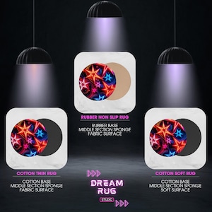 May include: The image presents three rug variations: a rubber non-slip rug, a cotton thin rug, and a cotton soft rug. Each rug displays a vivid pattern of neon stars in red, blue, and pink. The text details the base, middle section, and surface materials of each rug.