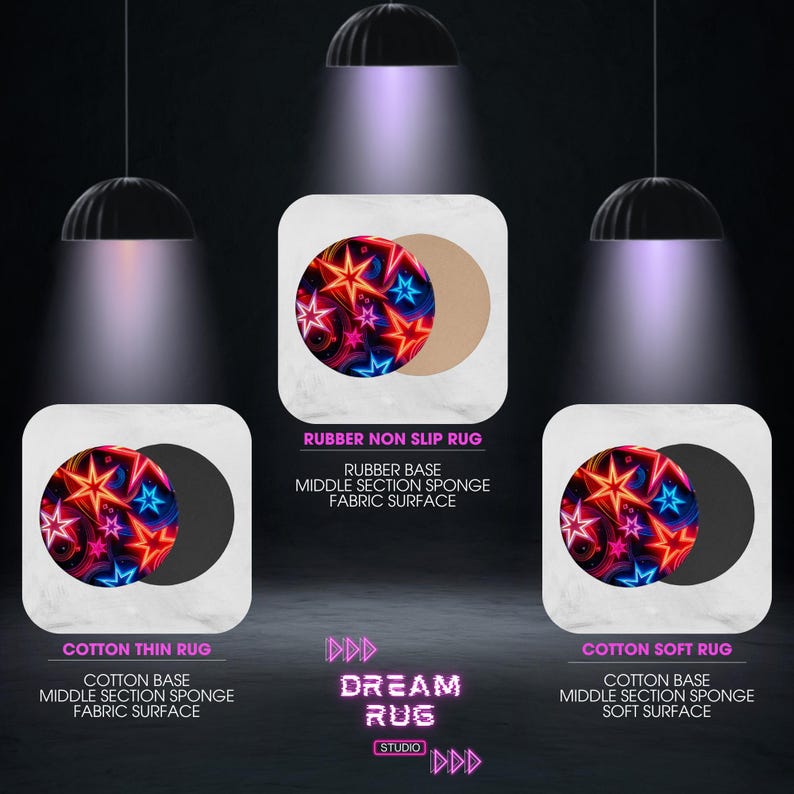 May include: The image presents three rug variations: a rubber non-slip rug, a cotton thin rug, and a cotton soft rug. Each rug displays a vivid pattern of neon stars in red, blue, and pink. The text details the base, middle section, and surface materials of each rug.
