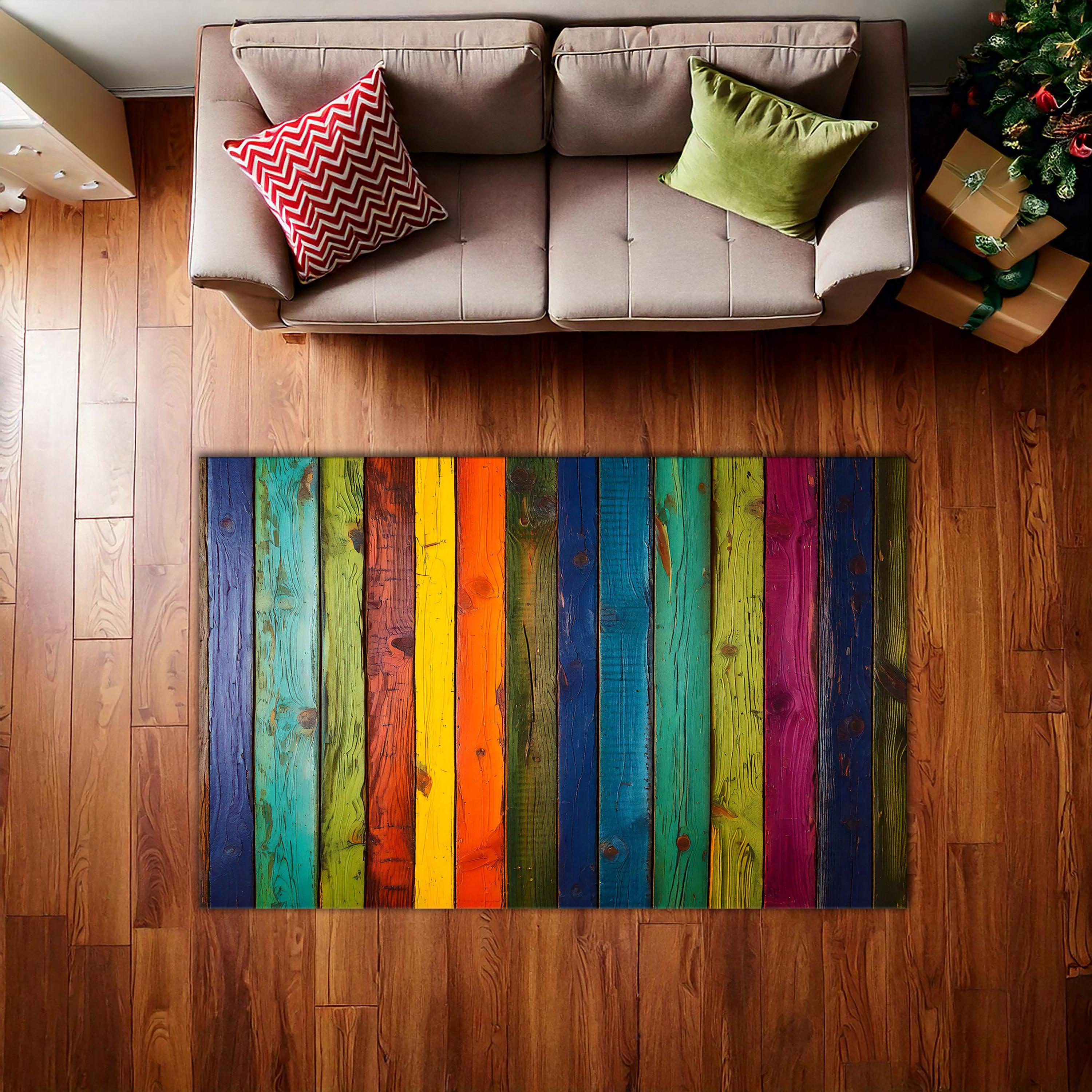 カラフルなストライプ柄ラグ、抽象的な柄ラグ、カラフルなラグ、洗える