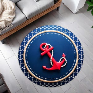 Red and Navy Nautical Rug, Sailor Rug, Nautical Round Rug, Nursery Rug, Nautical Nursery Decor, Kids Room Decor, Coastal Decor,