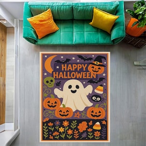 Happy Halloween Rug – Cute Ghost Pumpkin Carpet, Colorful Kids Halloween Mat, Trick or Treat Room Decor, Spooky Fall Area Rug