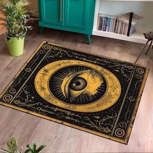 Mystic All-Seeing Eye Rug - Gothic Occult Decor, Gold and Black Area Rug, Esoteric Tarot Symbol Carpet, Witchy Aesthetic Room Accent