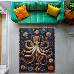 Tapis pieuvre, tapis vie marine, art floral de pieuvre, plantes marines colorées, tapis de salon, décoration vie marine, art pieuvre, décoration de chambre confortable