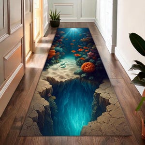 Underwater Coral Reef Runner Rug, 3D Ocean Illusion Hallway Carpet with Tropical Fish, Coastal Nautical Home Decor