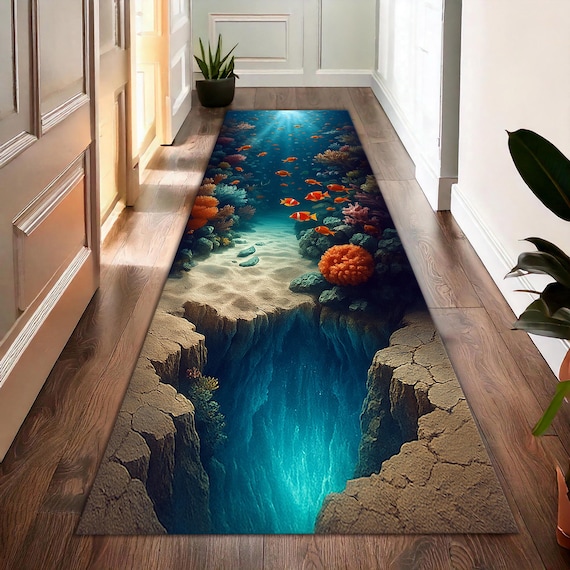 Underwater Coral Reef Runner Rug, 3D Ocean Illusion Hallway Carpet with Tropical Fish, Coastal Nautical Home Decor