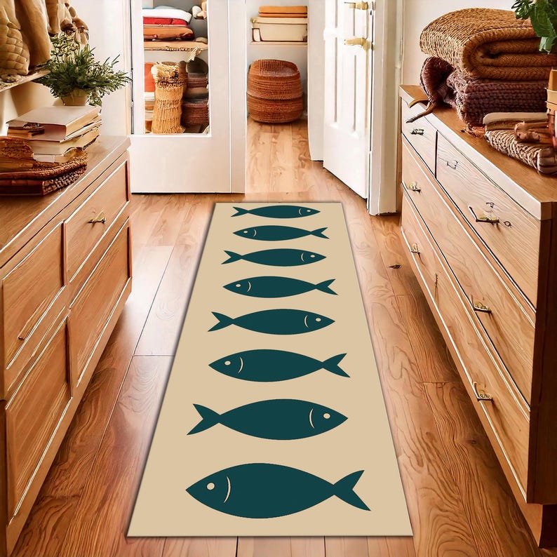 Aquatic Rug Minimalist Fish Runner Rug in Teal and Beige – Modern Hallway Carpet ...