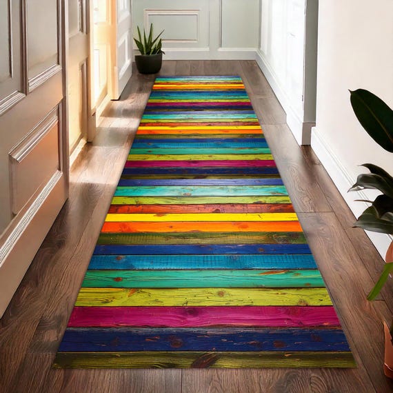 多色ストライプラグ カラフルなストライプのランナーラグ、抽象的なラグ、カラフルなラグ