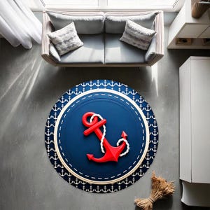 Red and Navy Nautical Rug, Sailor Rug, Nautical Round Rug, Nursery Rug, Nautical Nursery Decor, Kids Room Decor, Coastal Decor,