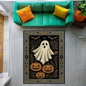 Cute Ghost Halloween Rug – Jack O’ Lantern Pumpkin Carpet, Spooky Ghost Floor Mat, Halloween Home Decor, Trick or Treat Rug
