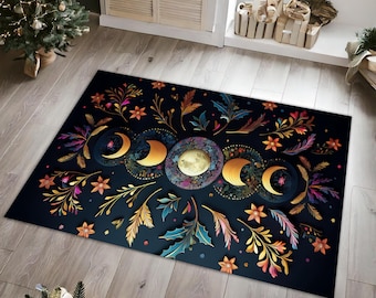 Moonlit Garden Rug, Moon Phase Carpet, Lunar Eclipse Decor, Leaves Floral Rug, Bohemian Luna Rug, Boho Moon Phases Mat