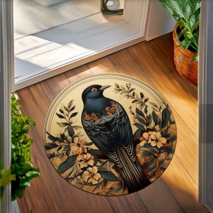 Vintage Bird Rug, Floral Round Rug, Flower Rug, Dark Botanical Rug, Botanic Design Decor for Living Room, Antique Decor, Cozy Room Rug