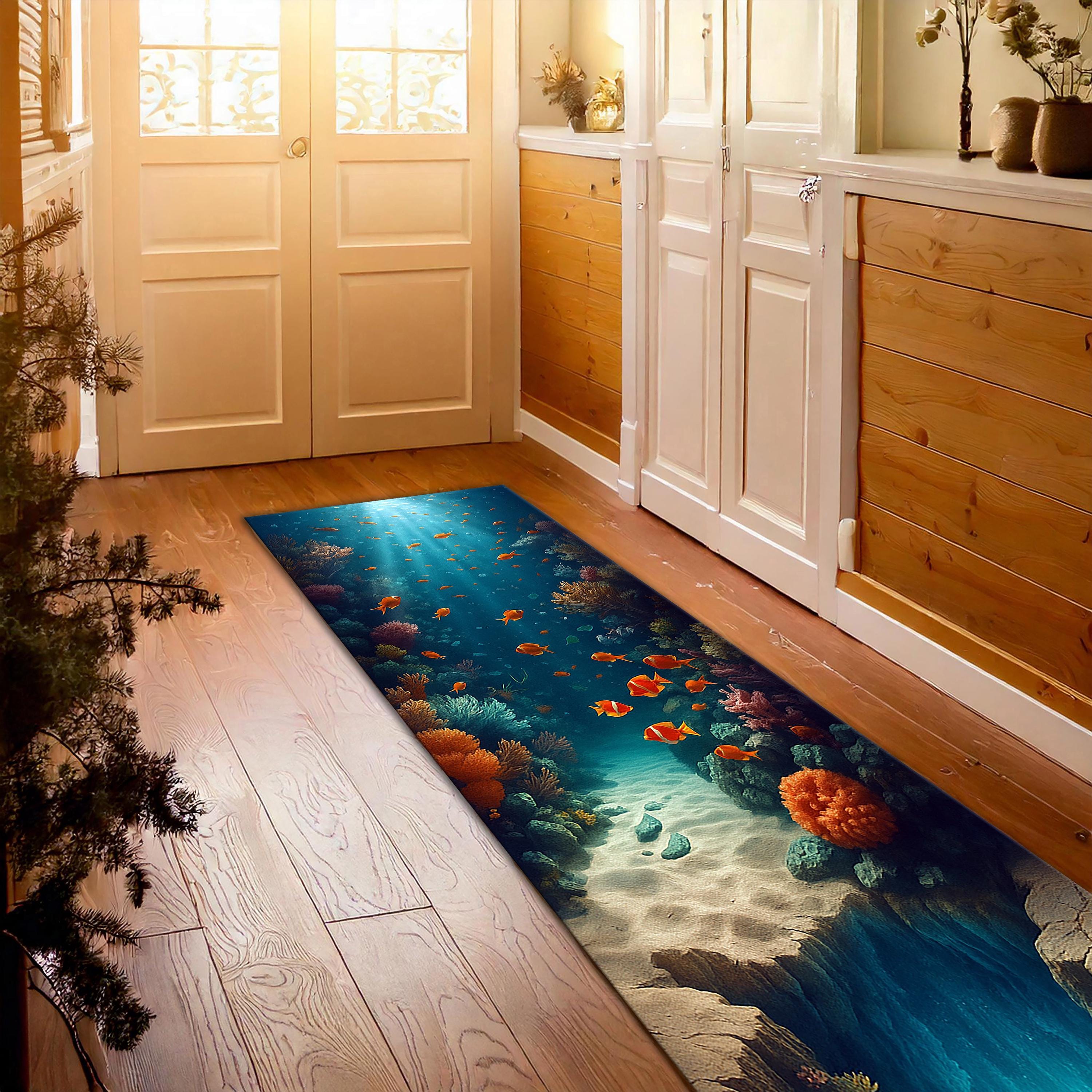 Ocean Reflection Rug Underwater Coral Reef Runner Rug, 3D Ocean Illusion Hallway Carpet With ...