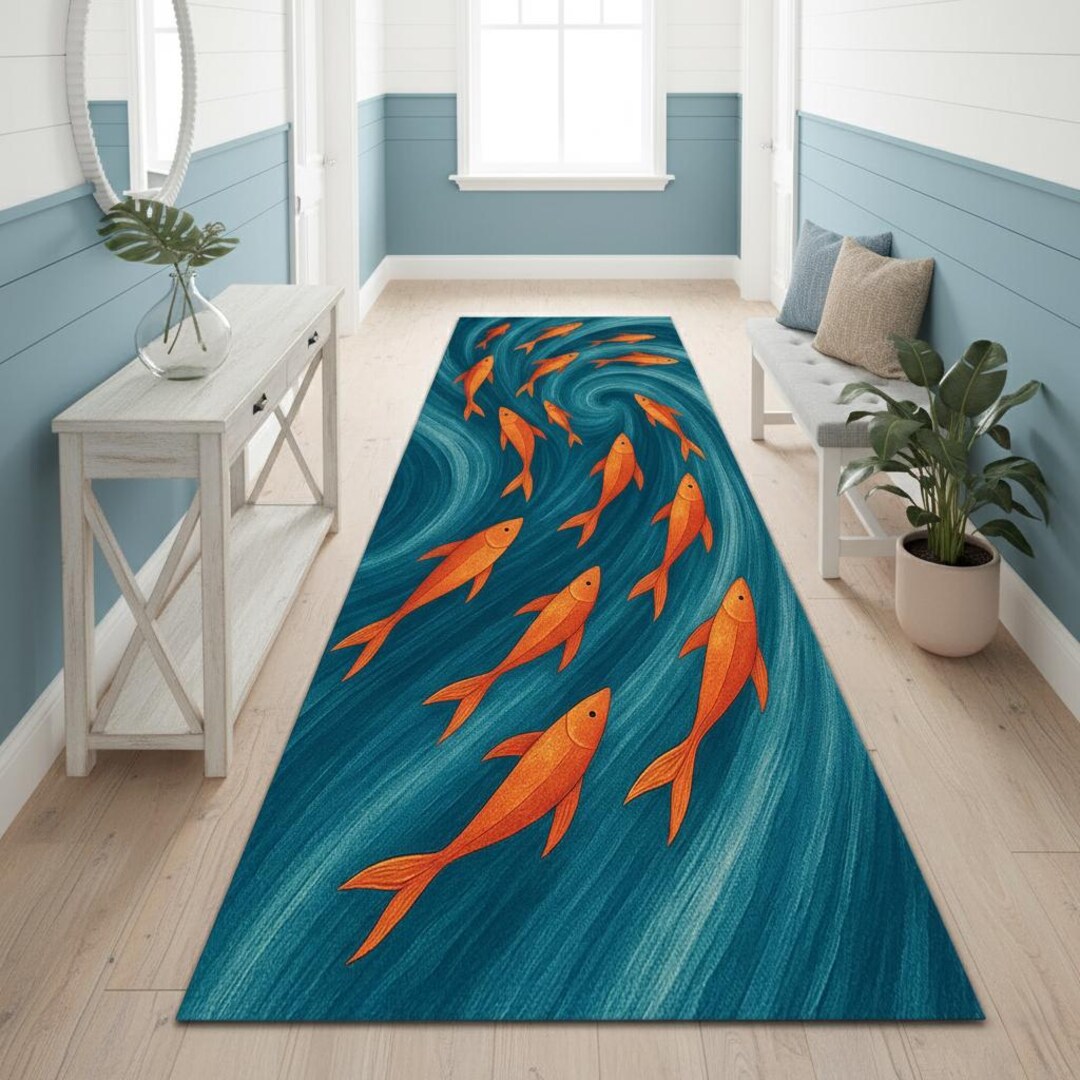 Artistic Goldfish Runner Rug With Blue Water Swirl – Vibrant Hallway ...