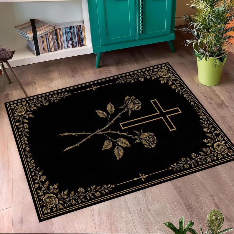 Gothic Church Rug Gothic Cross and Rose Rug – Black Religious Floral Carpet, Dark ...