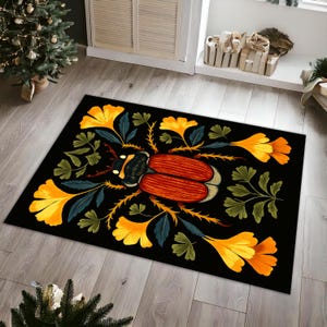 Colorful Beetle and Floral Art Rug – Black Background Insect Carpet with Yellow and Orange Flower Pattern for Living Room or Studio