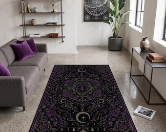 Gothic Celestial Floral Area Rug, Purple Moon Decor, Dark Academia Carpet, Witchy Botanical Rug, Victorian Gothic Area Rug