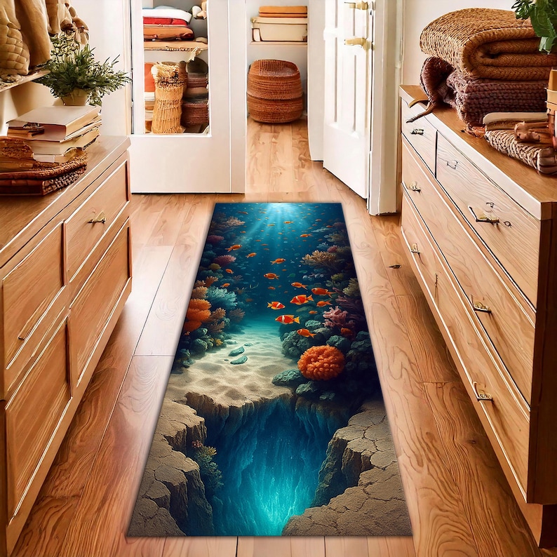 May include: A rectangular floor rug depicting an underwater scene with coral, fish, and a deep blue abyss. The rug's design includes vibrant orange, blue, and beige colours, creating a realistic ocean floor appearance. The rug is placed on a wooden floor.