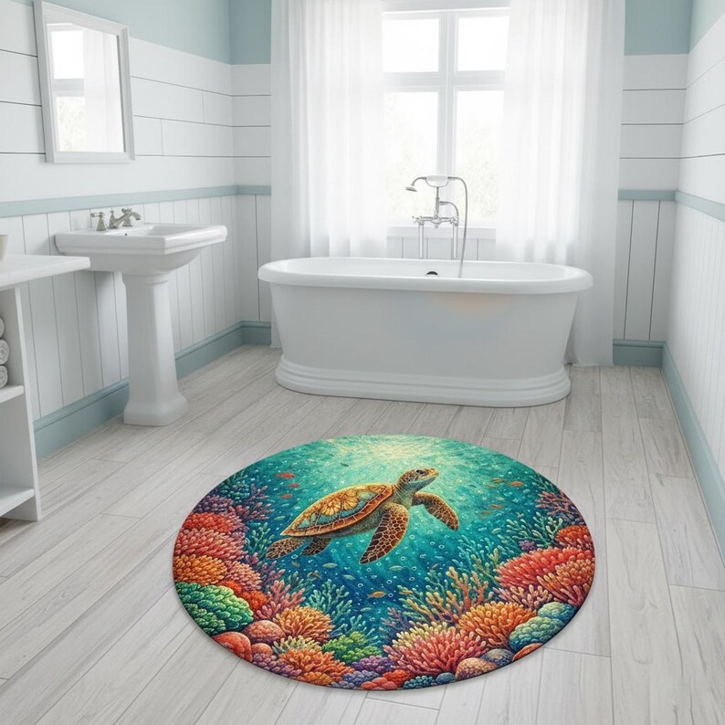 Round Rug Turle Sea Turtle Round Rug, Ocean Coral Reef Area Rug, Underwater Marine ...